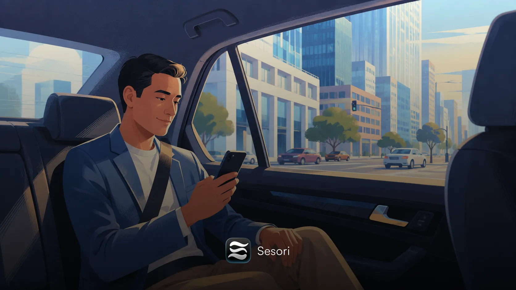 Illustration of a passenger coding from a phone in the back of a car